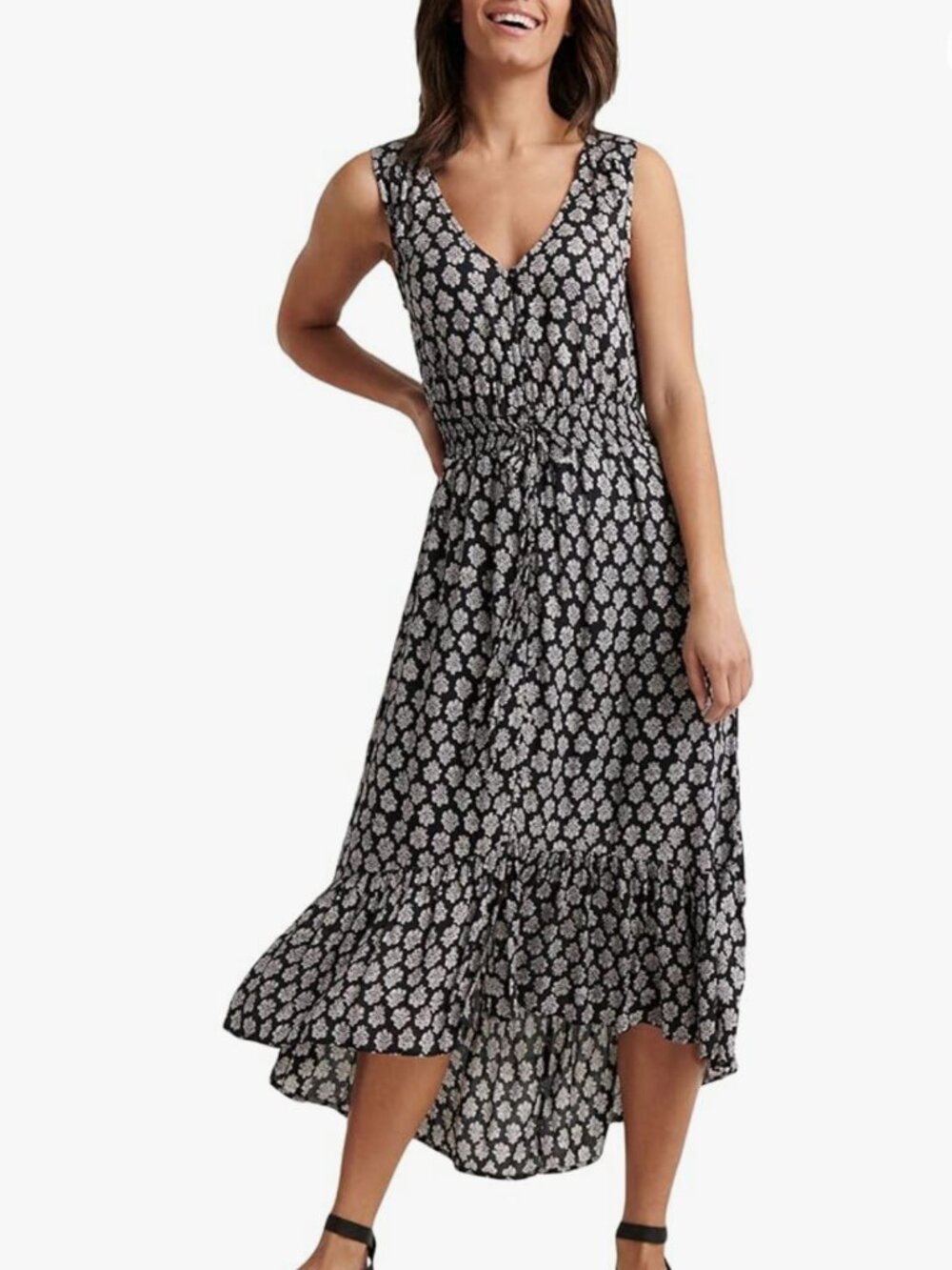 EUC Lucky Brand Black & White Floral Print Sleeveless Felice Dress in Women's 1X